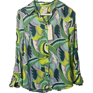 RACHEL ZOE Green Pattern Printed Long Sleeve Button Up Blouse Women’s Sz XS NWT